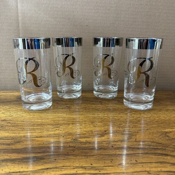 Set of 4 Queens Lusterware Glasses Monogram letter "R” Highball